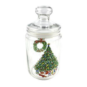 Vintage Christmas Tree Wreath Holiday Apothecary Glass Jar w/ Lid for Candy Nuts